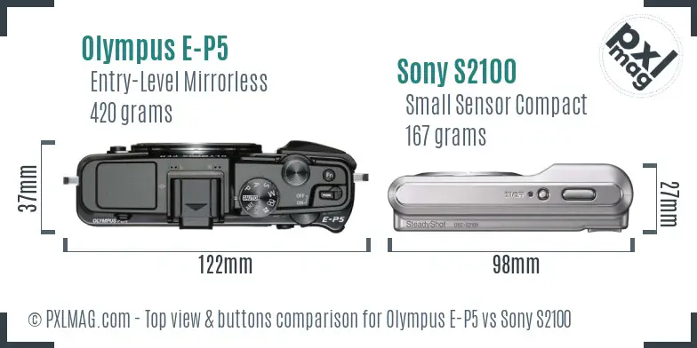 Olympus E-P5 vs Sony S2100 top view buttons comparison