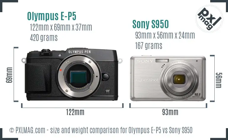 Olympus E-P5 vs Sony S950 size comparison