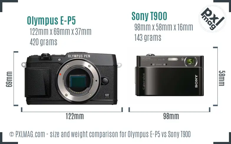 Olympus E-P5 vs Sony T900 size comparison Olympus E-P5 vs Sony T900 size comparison