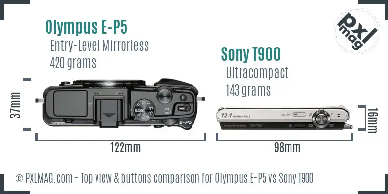 Olympus E-P5 vs Sony T900 top view buttons comparison Olympus E-P5 vs Sony T900 top view buttons comparison