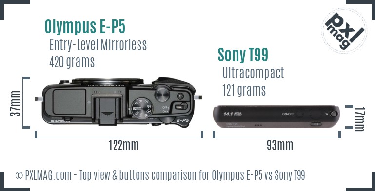 Olympus E-P5 vs Sony T99 top view buttons comparison