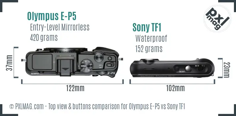 Olympus E-P5 vs Sony TF1 top view buttons comparison Olympus E-P5 vs Sony TF1 top view buttons comparison
