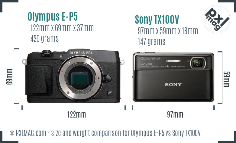 Olympus E-P5 vs Sony TX100V size comparison
