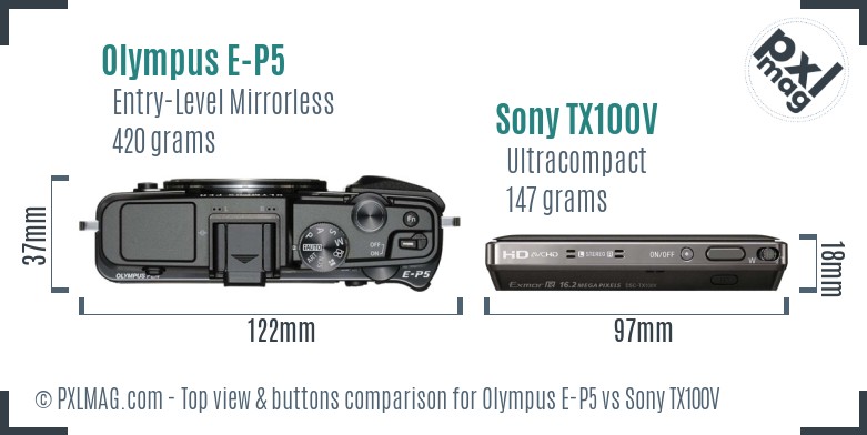 Olympus E-P5 vs Sony TX100V top view buttons comparison