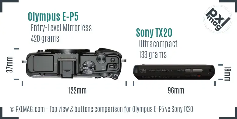 Olympus E-P5 vs Sony TX20 top view buttons comparison Olympus E-P5 vs Sony TX20 top view buttons comparison