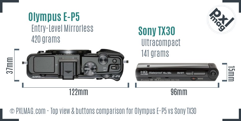 Olympus E-P5 vs Sony TX30 top view buttons comparison