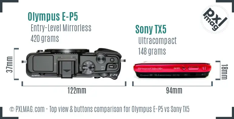 Olympus E-P5 vs Sony TX5 top view buttons comparison