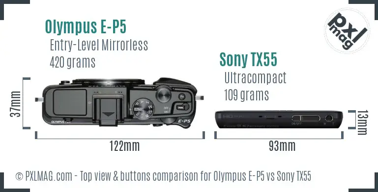 Olympus E-P5 vs Sony TX55 top view buttons comparison Olympus E-P5 vs Sony TX55 top view buttons comparison