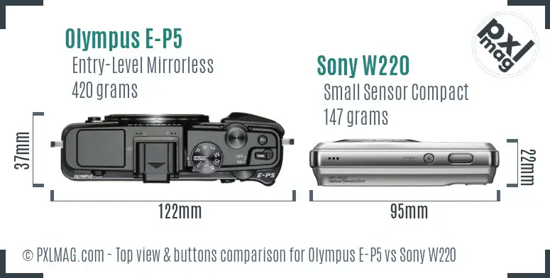 Olympus E-P5 vs Sony W220 top view buttons comparison