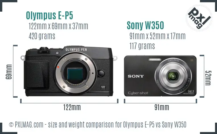 Olympus E-P5 vs Sony W350 size comparison Olympus E-P5 vs Sony W350 size comparison