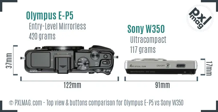 Olympus E-P5 vs Sony W350 top view buttons comparison Olympus E-P5 vs Sony W350 top view buttons comparison