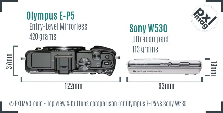 Olympus E-P5 vs Sony W530 top view buttons comparison