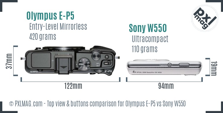 Olympus E-P5 vs Sony W550 top view buttons comparison