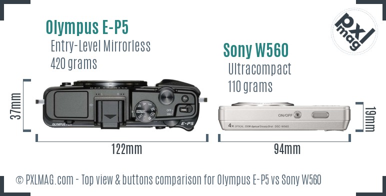 Olympus E-P5 vs Sony W560 top view buttons comparison