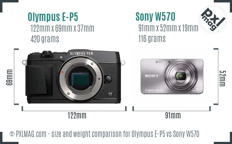 Olympus E-P5 vs Sony W570 size comparison