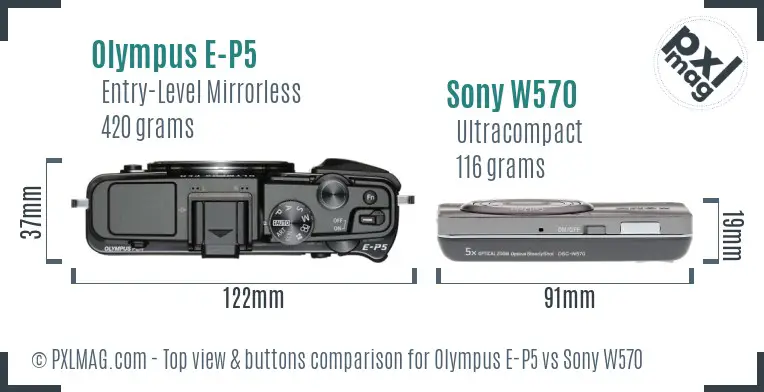 Olympus E-P5 vs Sony W570 top view buttons comparison