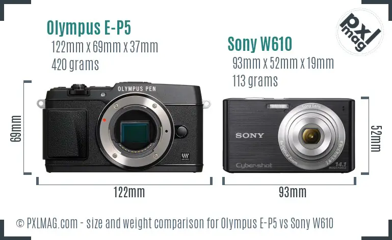 Olympus E-P5 vs Sony W610 size comparison