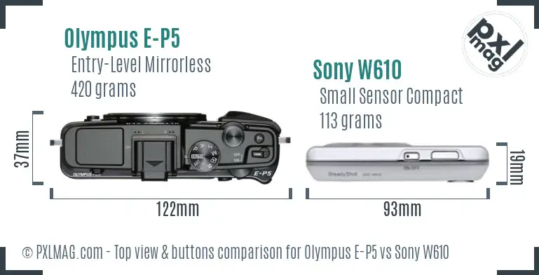 Olympus E-P5 vs Sony W610 top view buttons comparison