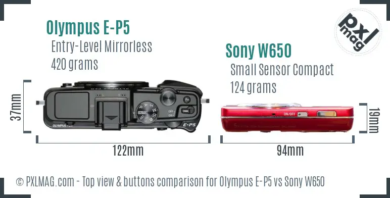 Olympus E-P5 vs Sony W650 top view buttons comparison