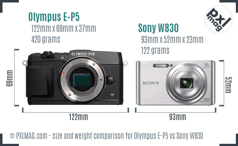 Olympus E-P5 vs Sony W830 size comparison