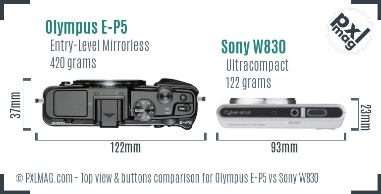 Olympus E-P5 vs Sony W830 top view buttons comparison