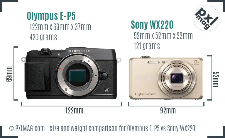 Olympus E-P5 vs Sony WX220 size comparison Olympus E-P5 vs Sony WX220 size comparison