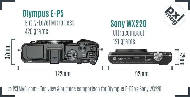 Olympus E-P5 vs Sony WX220 top view buttons comparison Olympus E-P5 vs Sony WX220 top view buttons comparison