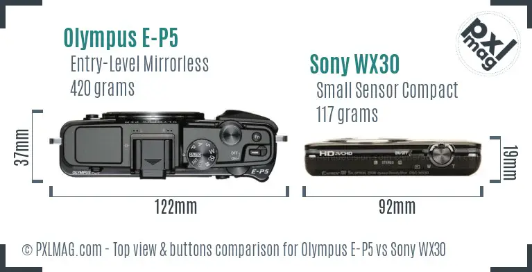 Olympus E-P5 vs Sony WX30 top view buttons comparison