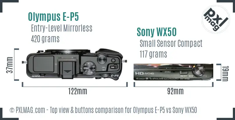 Olympus E-P5 vs Sony WX50 top view buttons comparison Olympus E-P5 vs Sony WX50 top view buttons comparison
