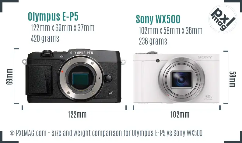 Olympus E-P5 vs Sony WX500 size comparison