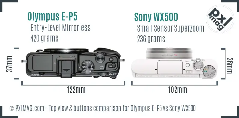 Olympus E-P5 vs Sony WX500 top view buttons comparison