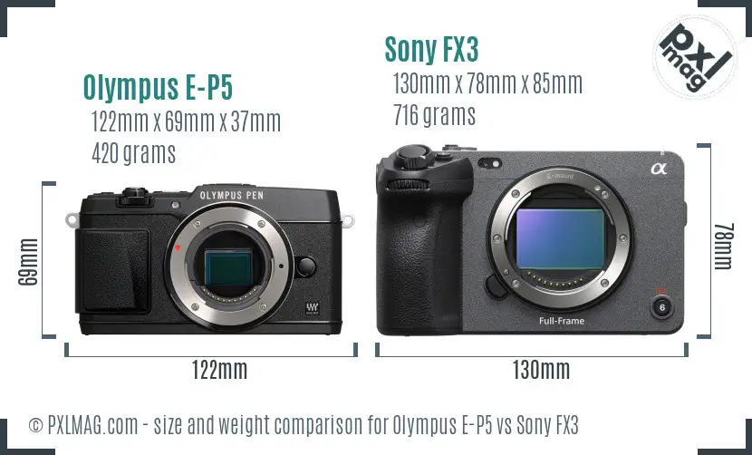 Olympus E-P5 vs Sony FX3 size comparison Olympus E-P5 vs Sony FX3 size comparison