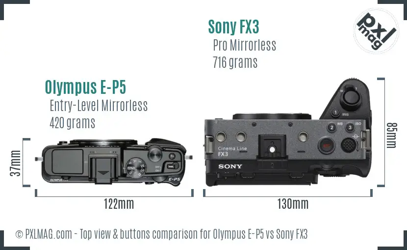 Olympus E-P5 vs Sony FX3 top view buttons comparison Olympus E-P5 vs Sony FX3 top view buttons comparison