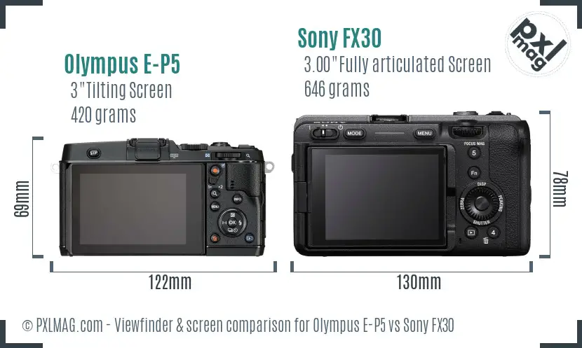 Olympus E-P5 vs Sony FX30 Screen and Viewfinder comparison