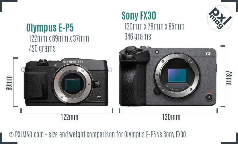 Olympus E-P5 vs Sony FX30 size comparison