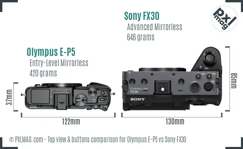 Olympus E-P5 vs Sony FX30 top view buttons comparison