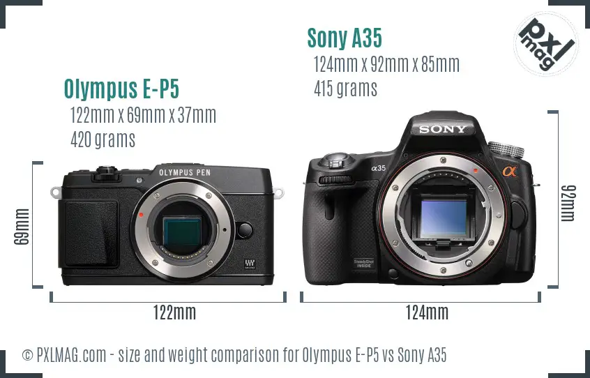 Olympus E-P5 vs Sony A35 size comparison