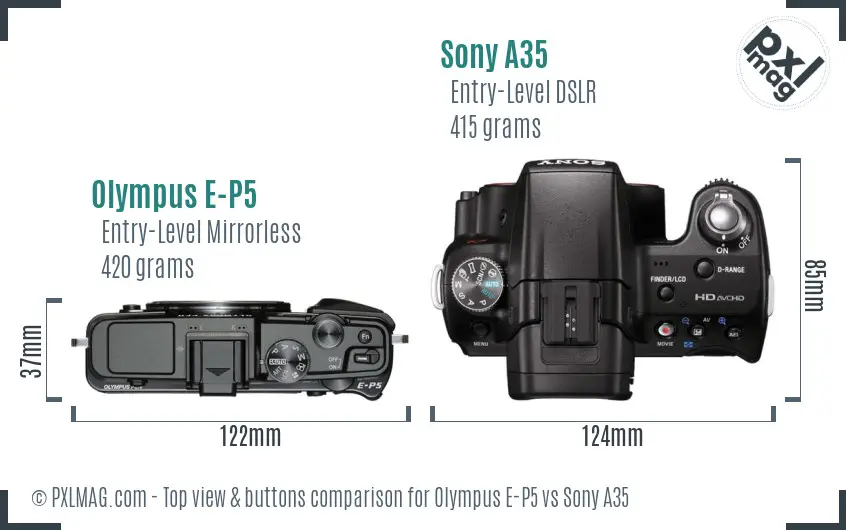 Olympus E-P5 vs Sony A35 top view buttons comparison