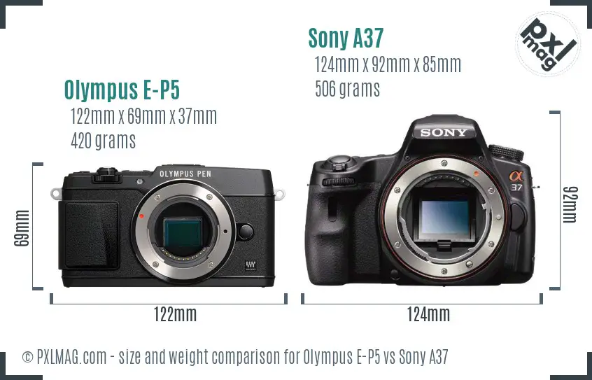 Olympus E-P5 vs Sony A37 size comparison