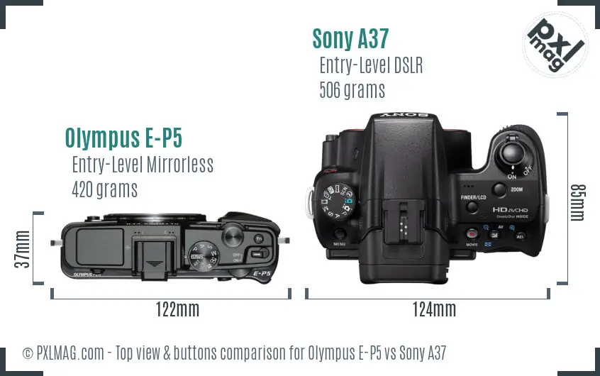 Olympus E-P5 vs Sony A37 top view buttons comparison