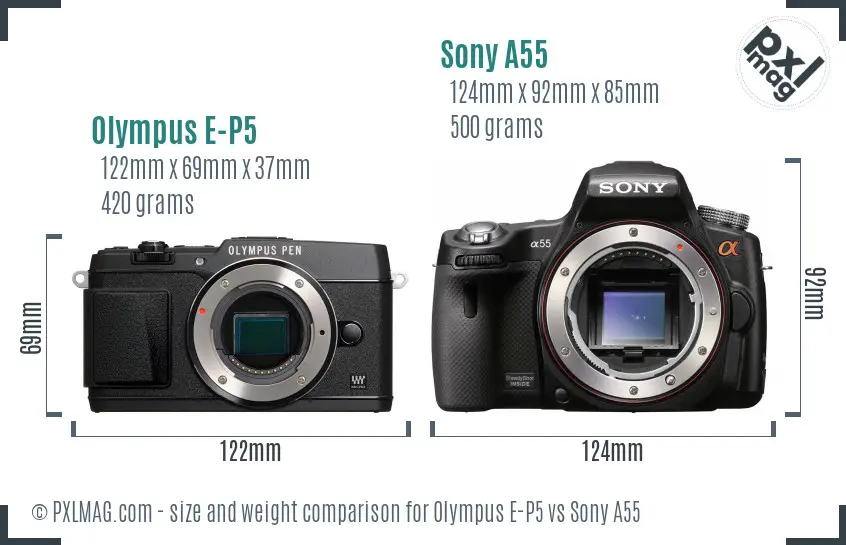 Olympus E-P5 vs Sony A55 size comparison Olympus E-P5 vs Sony A55 size comparison