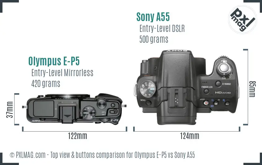Olympus E-P5 vs Sony A55 top view buttons comparison Olympus E-P5 vs Sony A55 top view buttons comparison