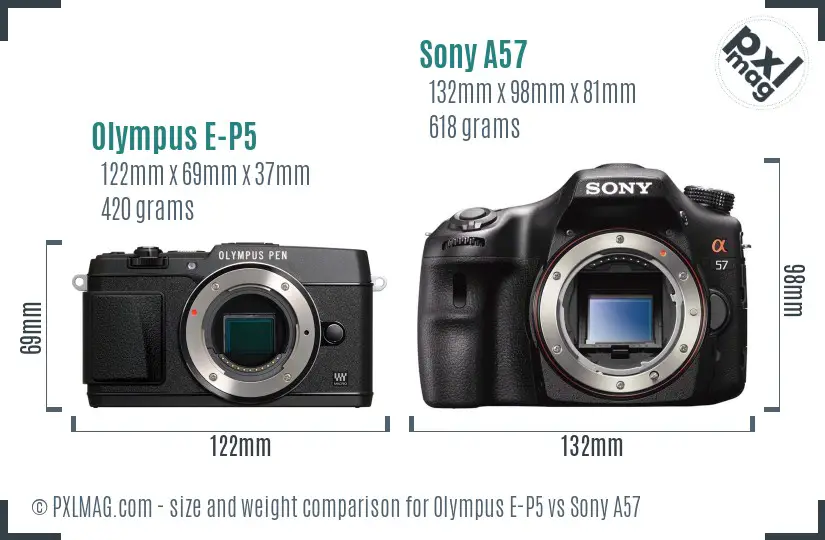 Olympus E-P5 vs Sony A57 size comparison