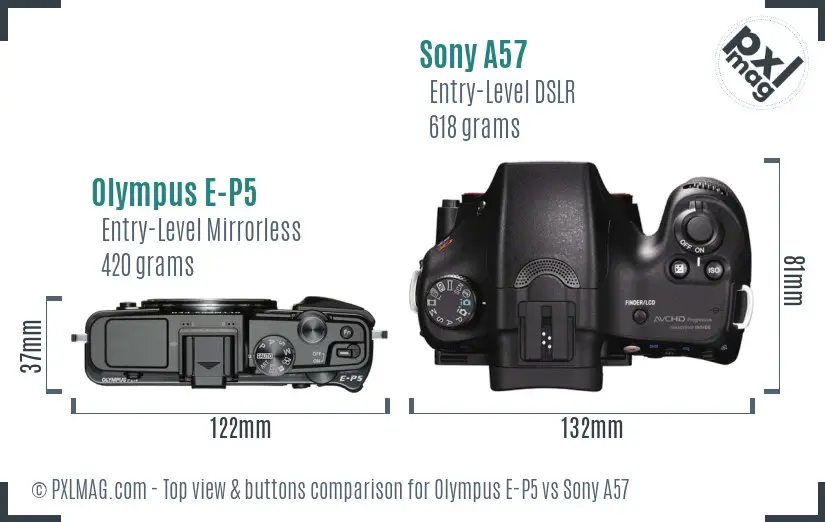 Olympus E-P5 vs Sony A57 top view buttons comparison