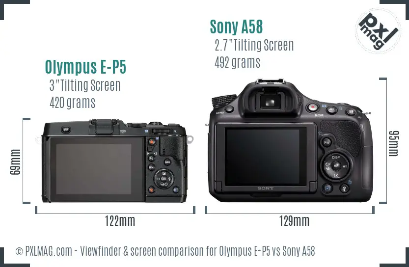 Olympus E-P5 vs Sony A58 Screen and Viewfinder comparison