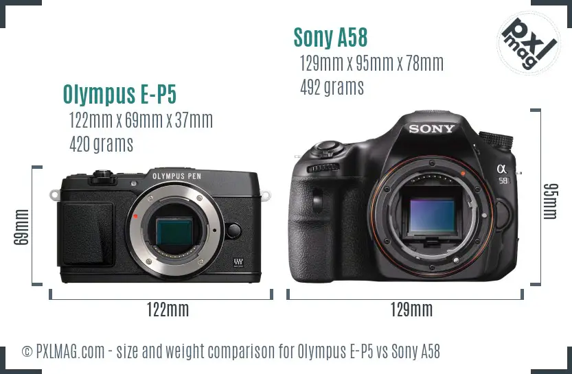 Olympus E-P5 vs Sony A58 size comparison