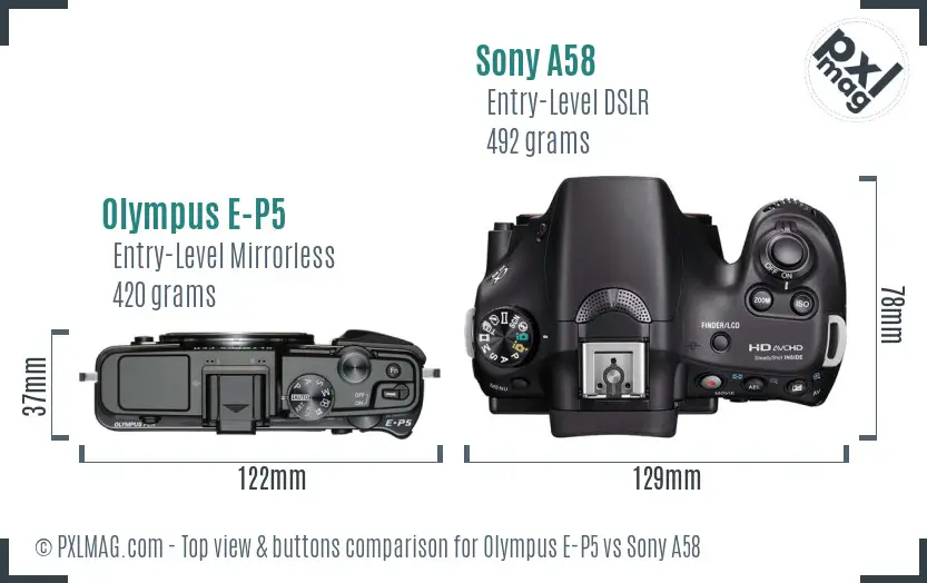 Olympus E-P5 vs Sony A58 top view buttons comparison