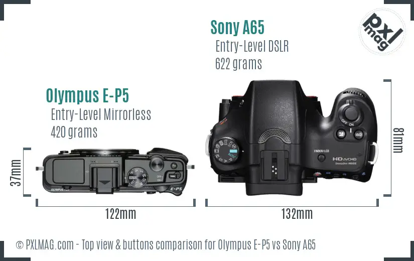 Olympus E-P5 vs Sony A65 top view buttons comparison Olympus E-P5 vs Sony A65 top view buttons comparison
