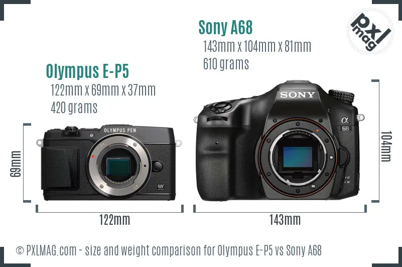Olympus E-P5 vs Sony A68 size comparison