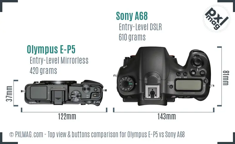 Olympus E-P5 vs Sony A68 top view buttons comparison